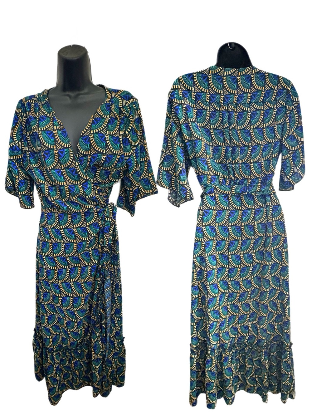 Silk & Salt Journey African Peacock Maxi Wrap Dress Size XL